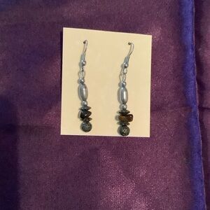 Handmade Silver and Brown Beaded Dangle Earrings,